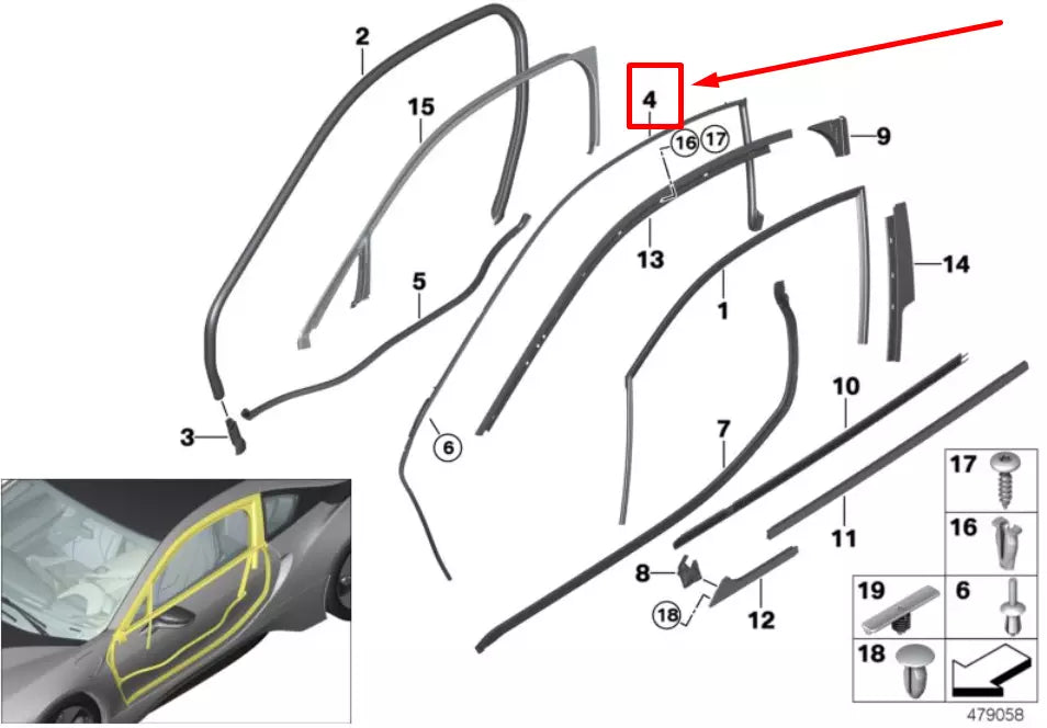 NEW BMW I8 I12 RIGHT ROOF FRAME SEALING 51217312984 7312984 ORIGINAL