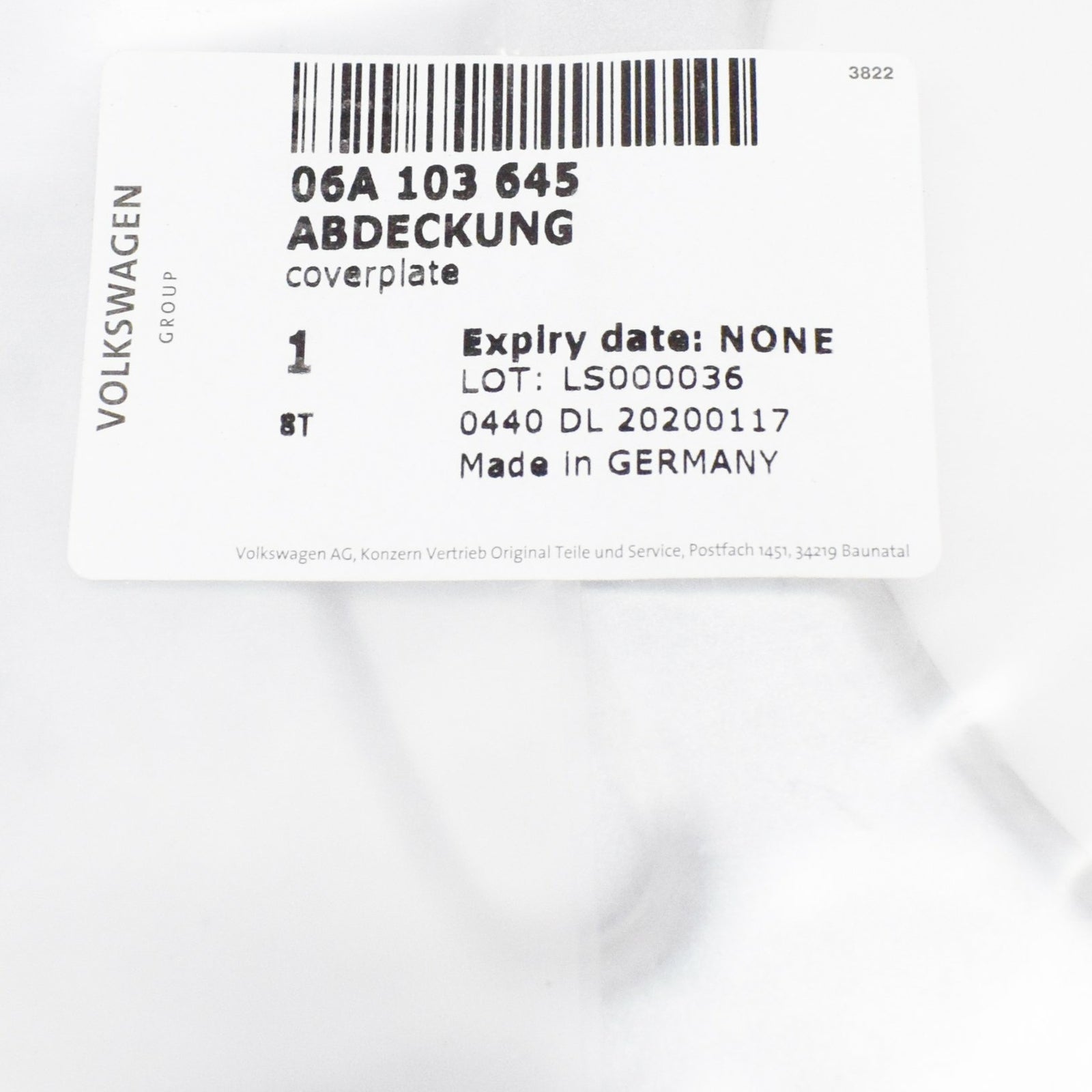 NEW VOLKSWAGEN BEETLE 9C ENGINE COVER PLATE 06A103645 ORIGINAL