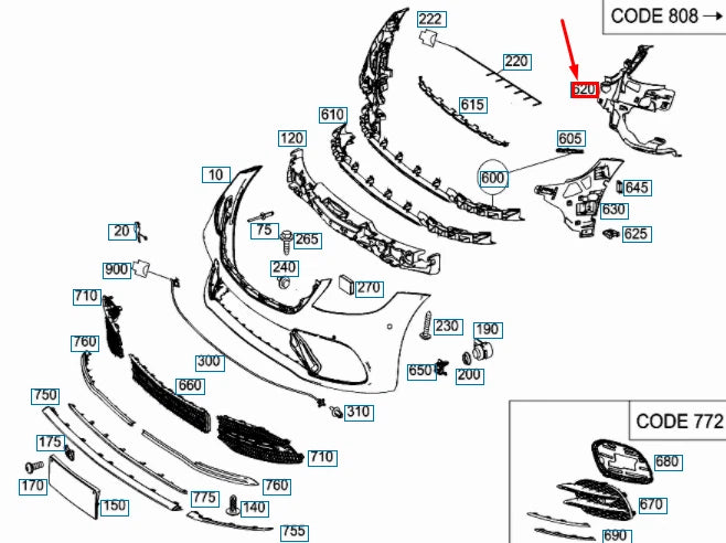 NEW MB S W222 FRONT RIGHT BUMPER INSIDE BASIC MOUNTING A2228856700 ORIGINAL