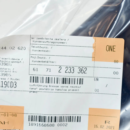 NEW BMW 3 E36 M3 3.2I FRONT RIGHT BRAKE AIR DUCT 51712233362 ORIGINAL