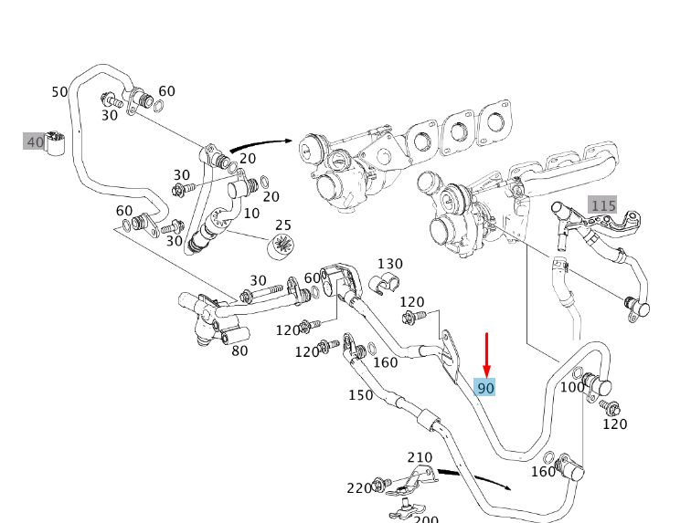 new mb cls c218 turbo return left coolant line a2782001300 original