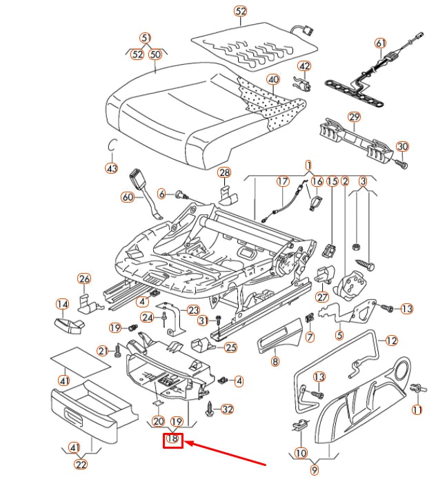 NEW VOLKSWAGEN EOS FRONT LEFT SEAT GUIDE FRAME 1K0882599B9B9 ORIGINAL