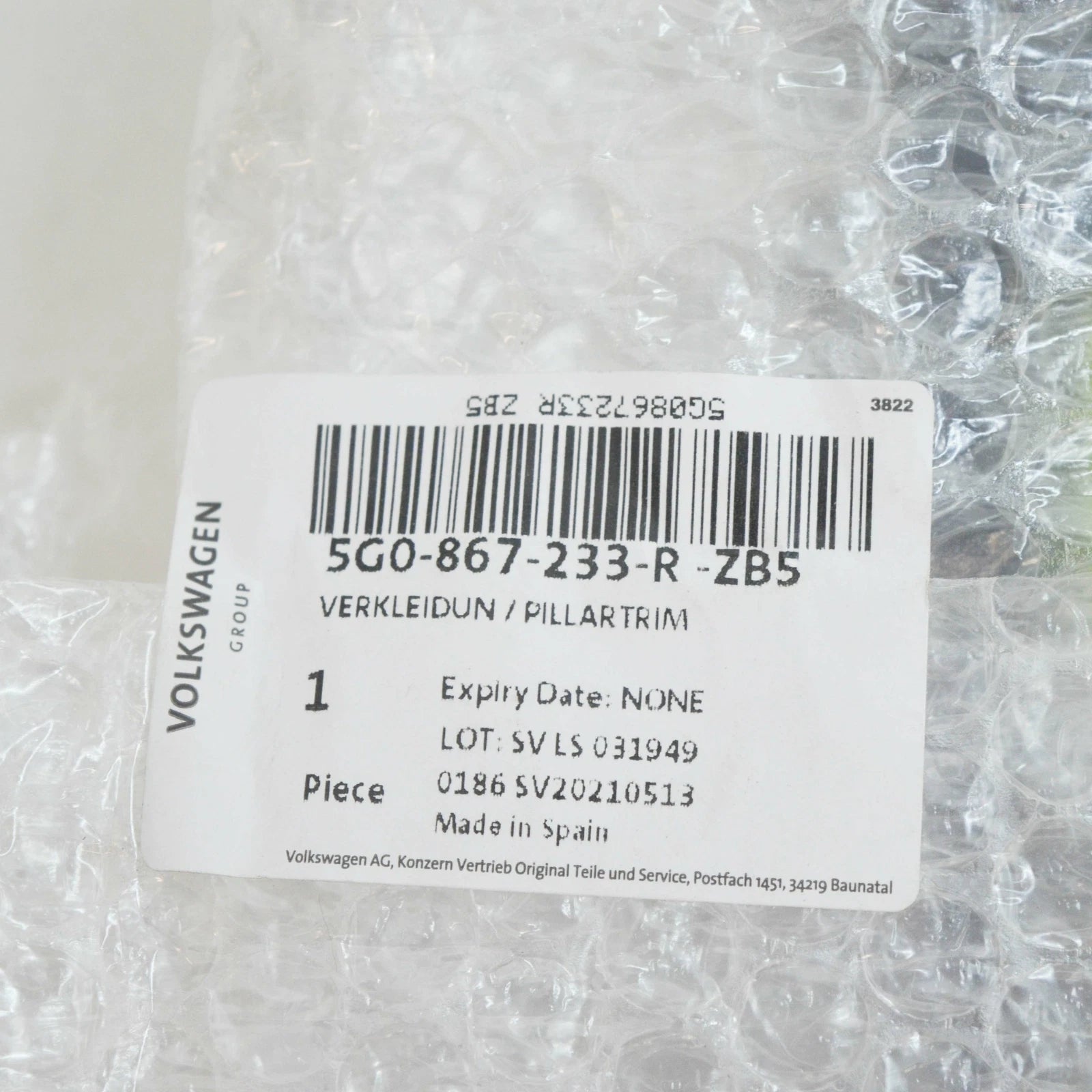 NEW VOLKSWAGEN GOLF MK7 FRONT LEFT A-PILLAR UPPER TRIM 5G0867233RZB5