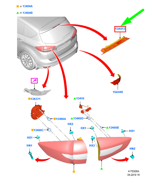 new ford c-max mk2 rear high mounted lamp assy 2085725 7s71-13a601-da original