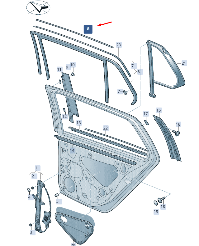 new skoda superb mk3 rear left door window strip 3v9839643h041 original