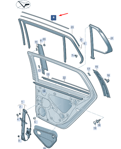 new skoda superb mk3 rear left door window strip 3v9839643h041 original