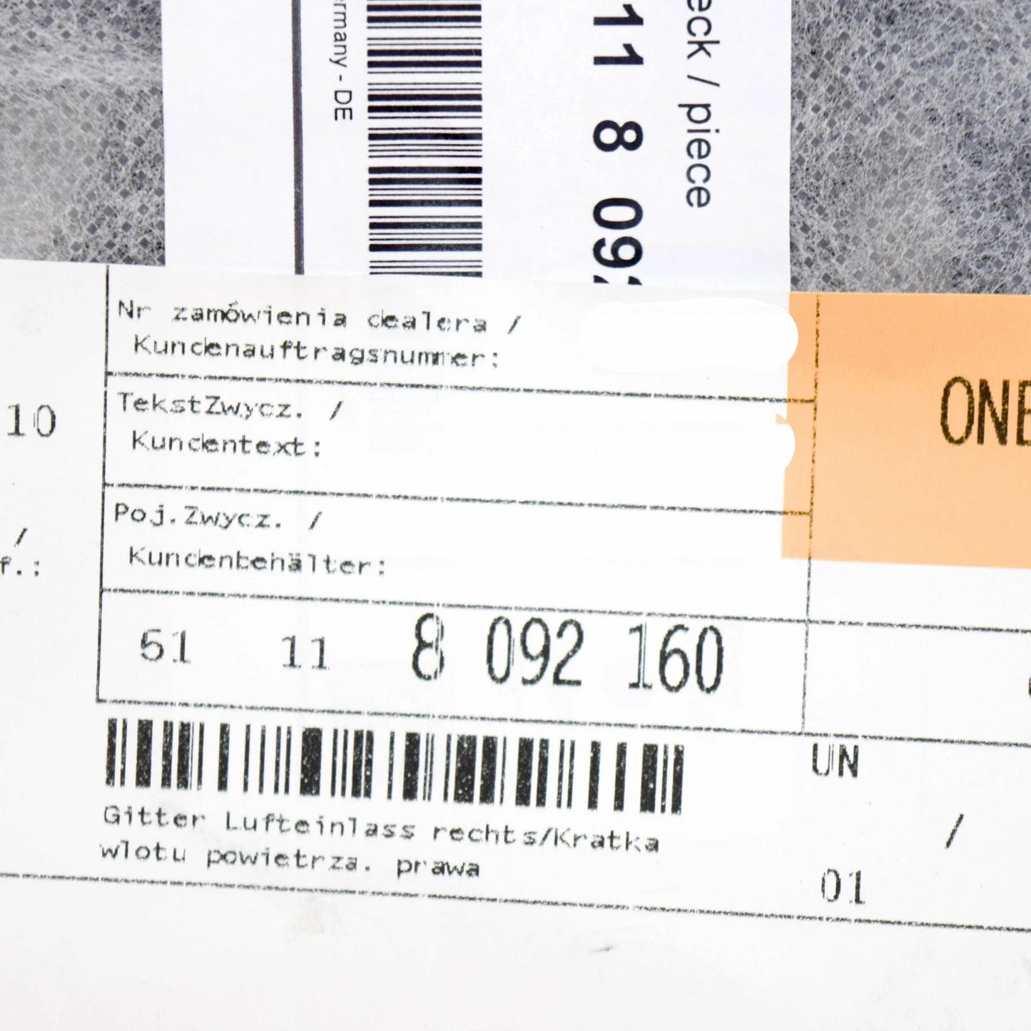 NEW BMW 7 G11 FRONT RIGHT GRILL 8092160 51118092160 2018 ORIGINAL