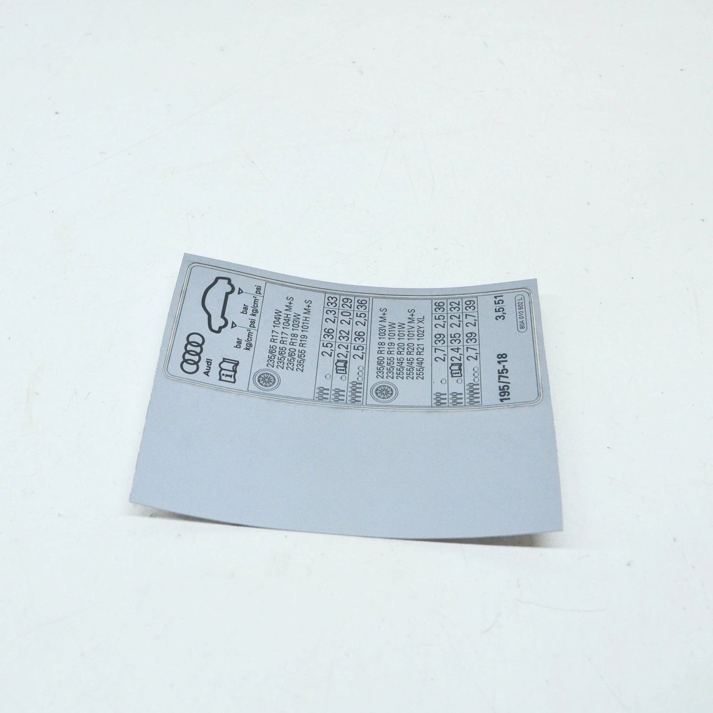 NEW AUDI Q5 FY 80A TYRE PRESSURE DATA PLATE STICKER 80A010502L ORIGINAL