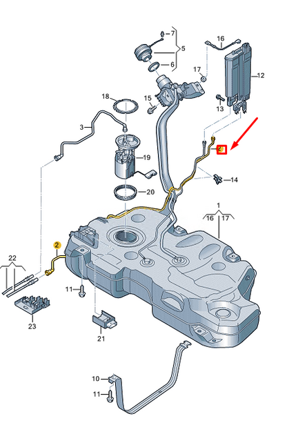 new vw polo aw mk6 fuel tank breather line 2q0201997e original