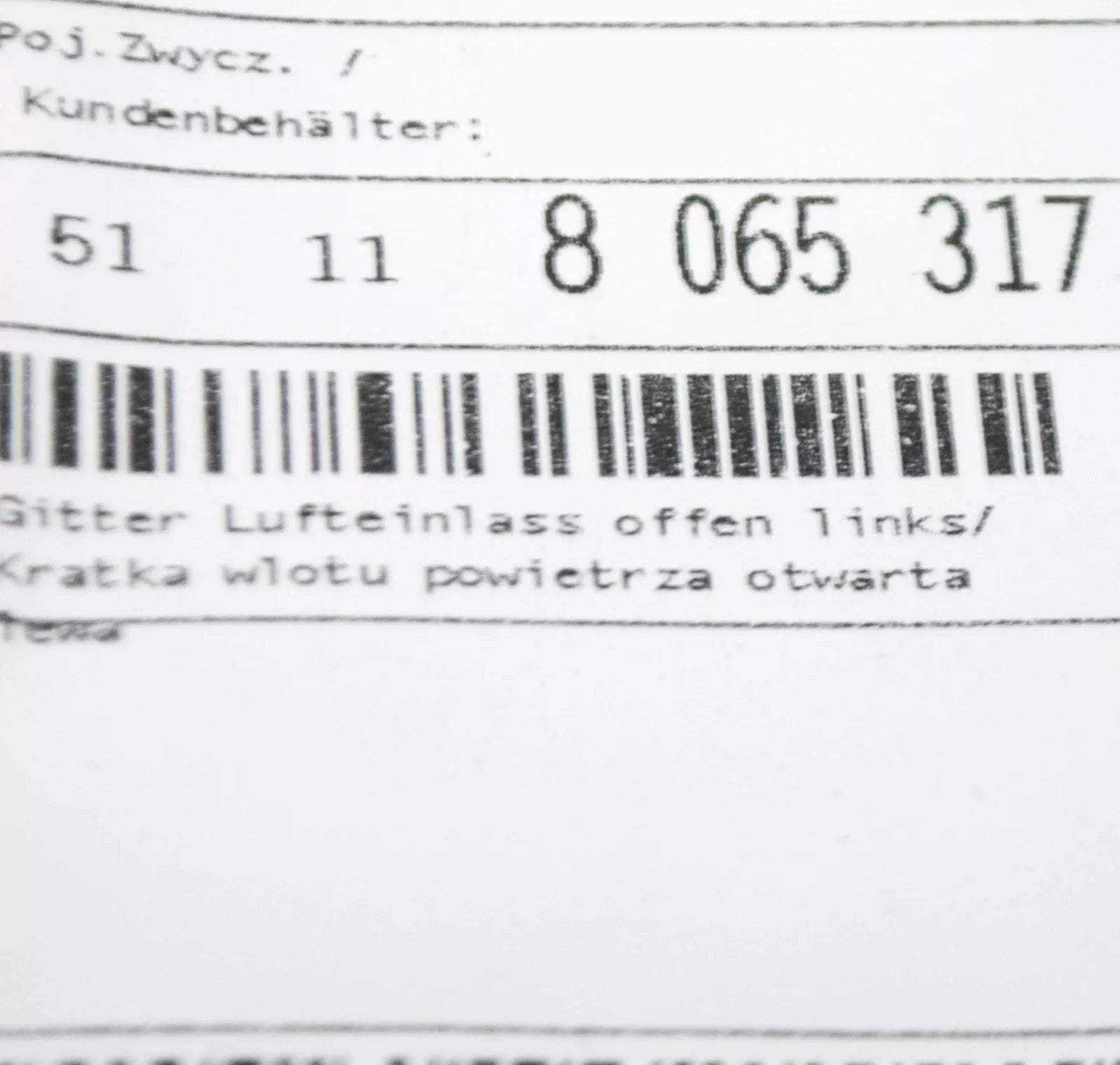 NEW BMW M5 F90 FRONT LEFT BUMPER OPEN GRILLE 51118065317 ORIGINAL