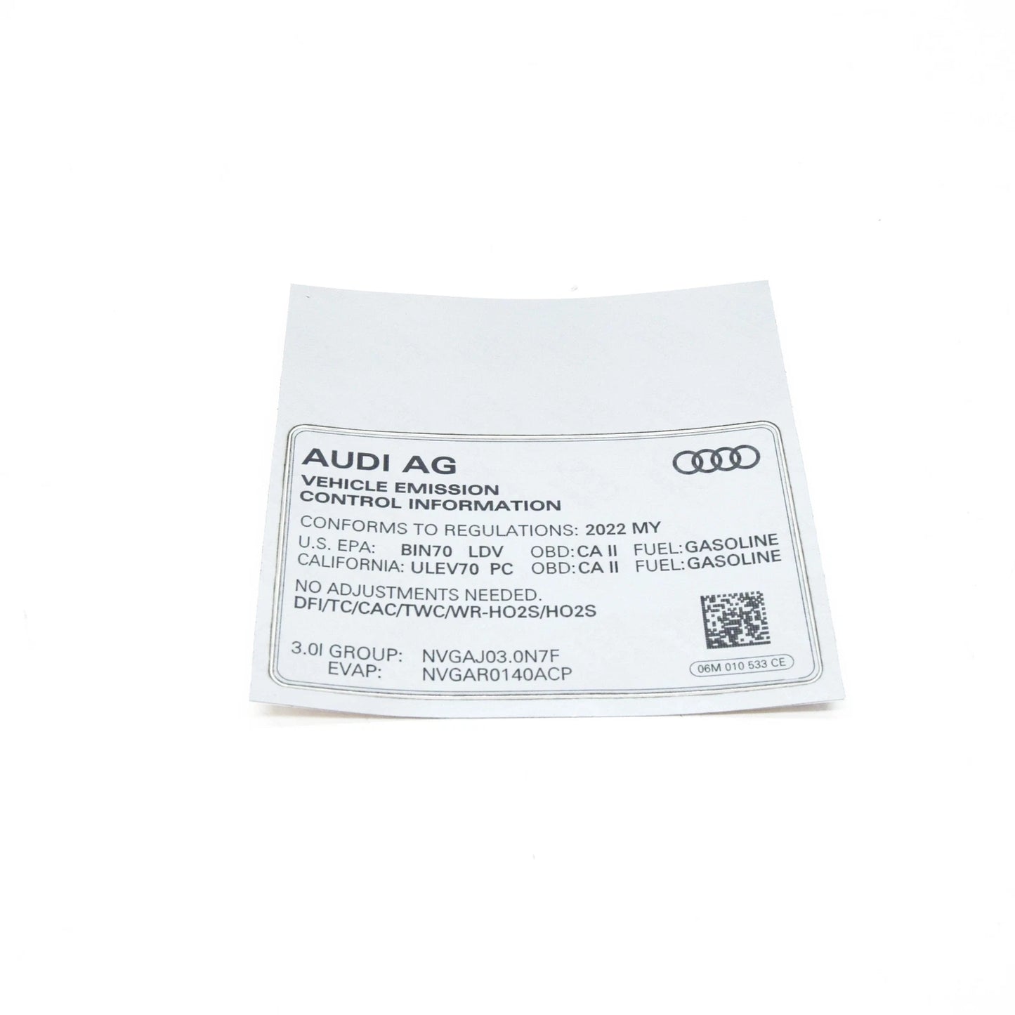 NEW AUDI A4 AVANT B9 EMISSION VALUE DATA PLATE 06M010533CE ORIGINAL