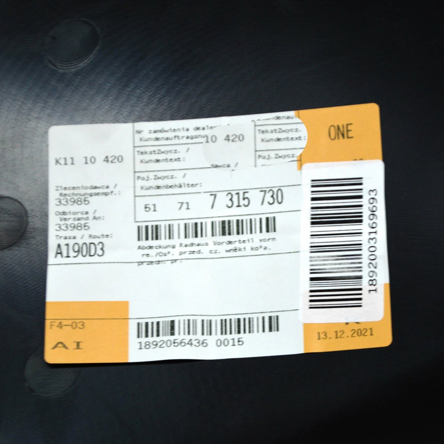 NEW BMW 3 G20 G28 FRONT RIGHT INNER FENDER FRONT PART 51717315730 ORIGINAL