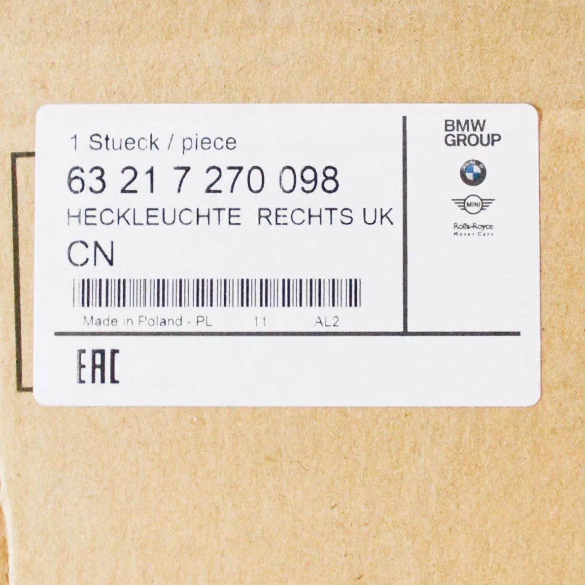 NEW BMW 1 F20 REAR RIGHT SIDE TAIL LIGHT 63217270098 ORIGINAL