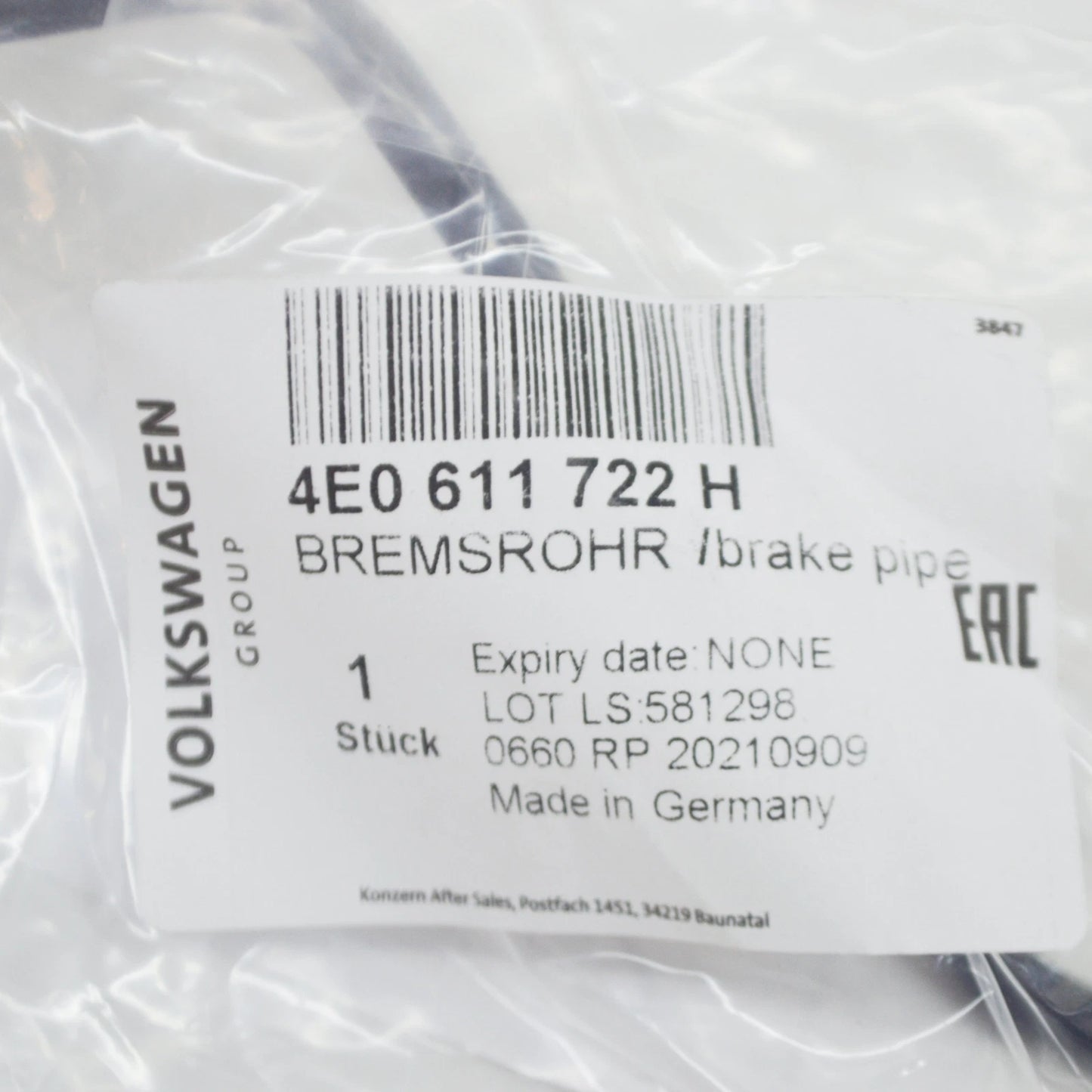 NEW AUDI A8 D3 FRONT RIGHT PISTON HOUSING BRAKE PIPE 4E0611722H ORIGINAL