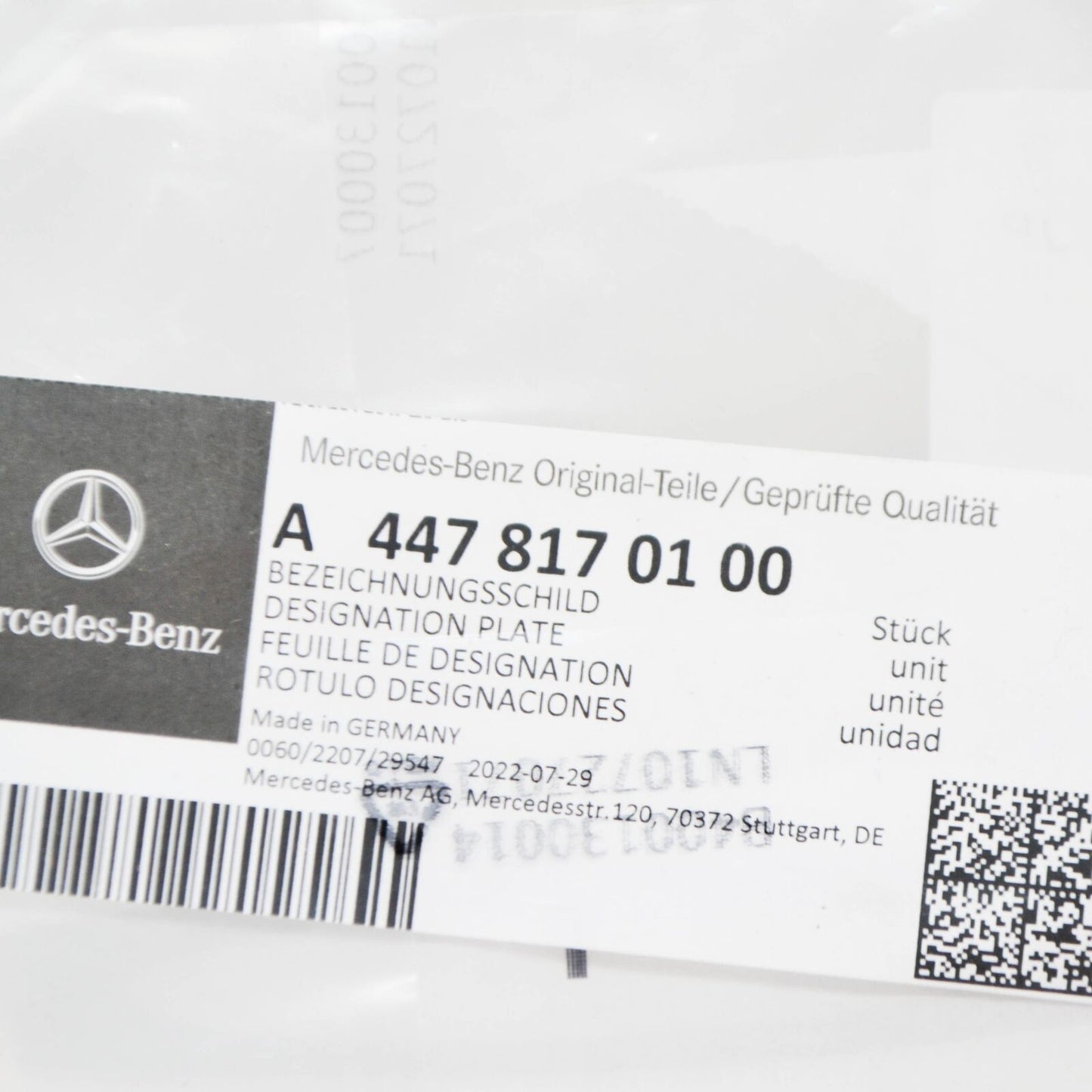 NEW MERCEDES-BENZ VITO W447 DESIGNATION PLATE AVANTGARDE A4478170100 ORIGINAL