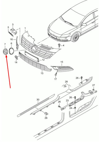 NEW VW PASSAT CC CENTER GRILLE BADGE EMBLEM CHROME 3C8853601AFXC 2010 ORIGINAL