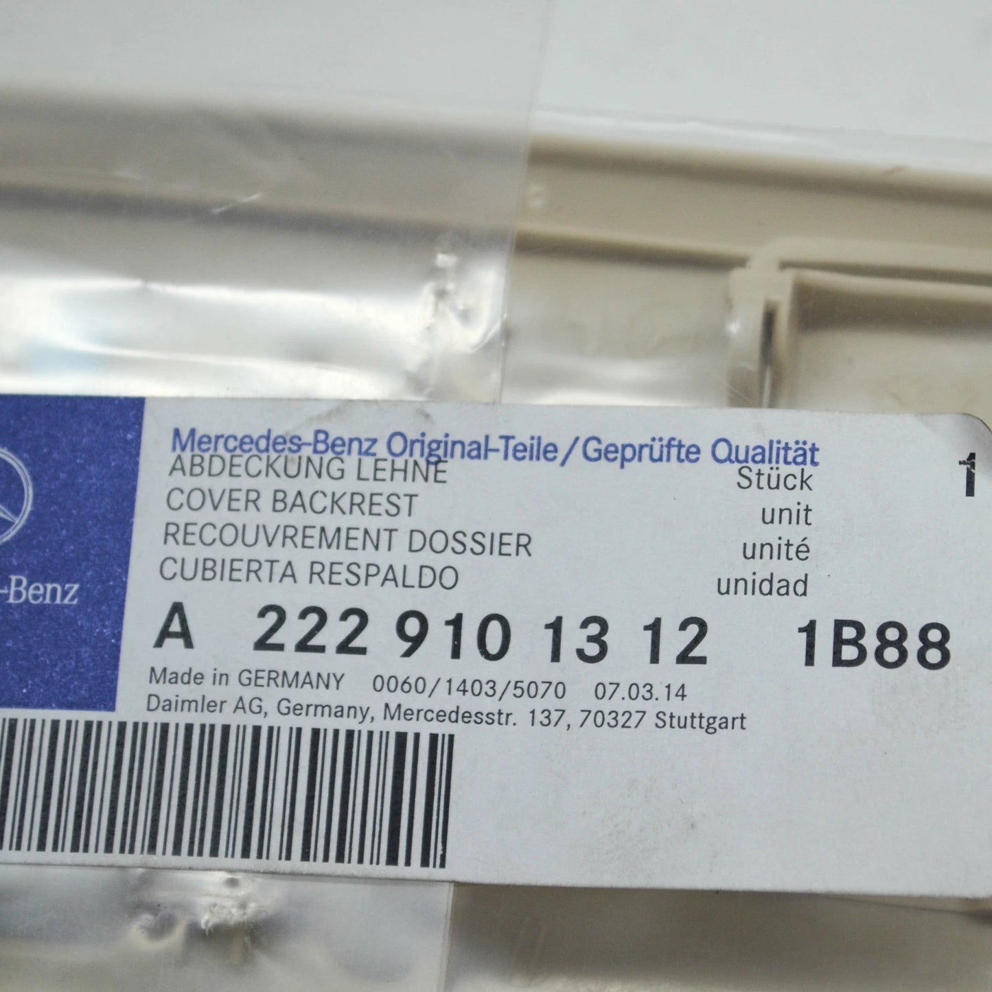 NEW MB S W222 FRONT RIGHT SEAT BACKREST COVER LHD A22291013121B88 ORIGINAL