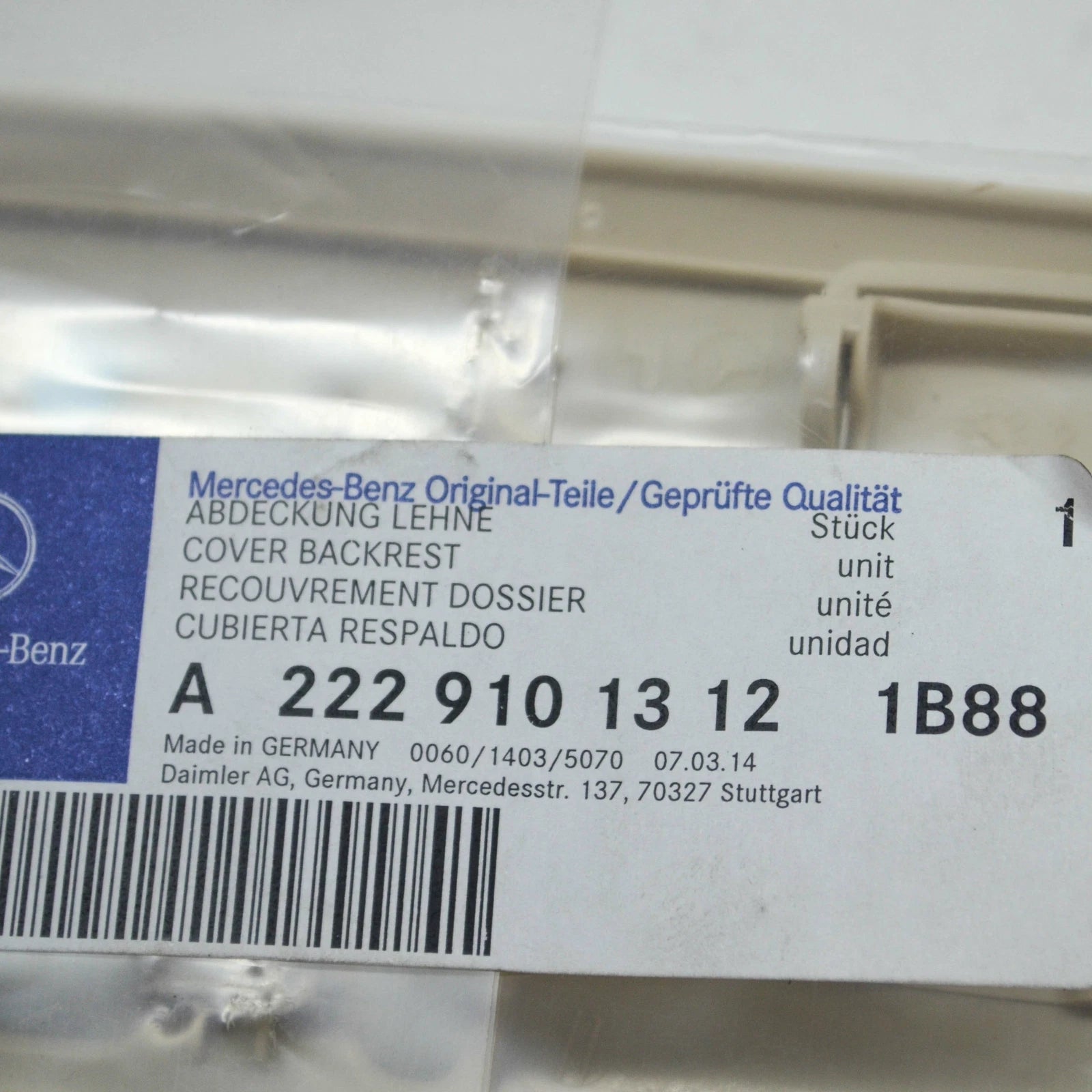 NEW MB S W222 FRONT RIGHT SEAT BACKREST COVER LHD A22291013121B88 ORIGINAL