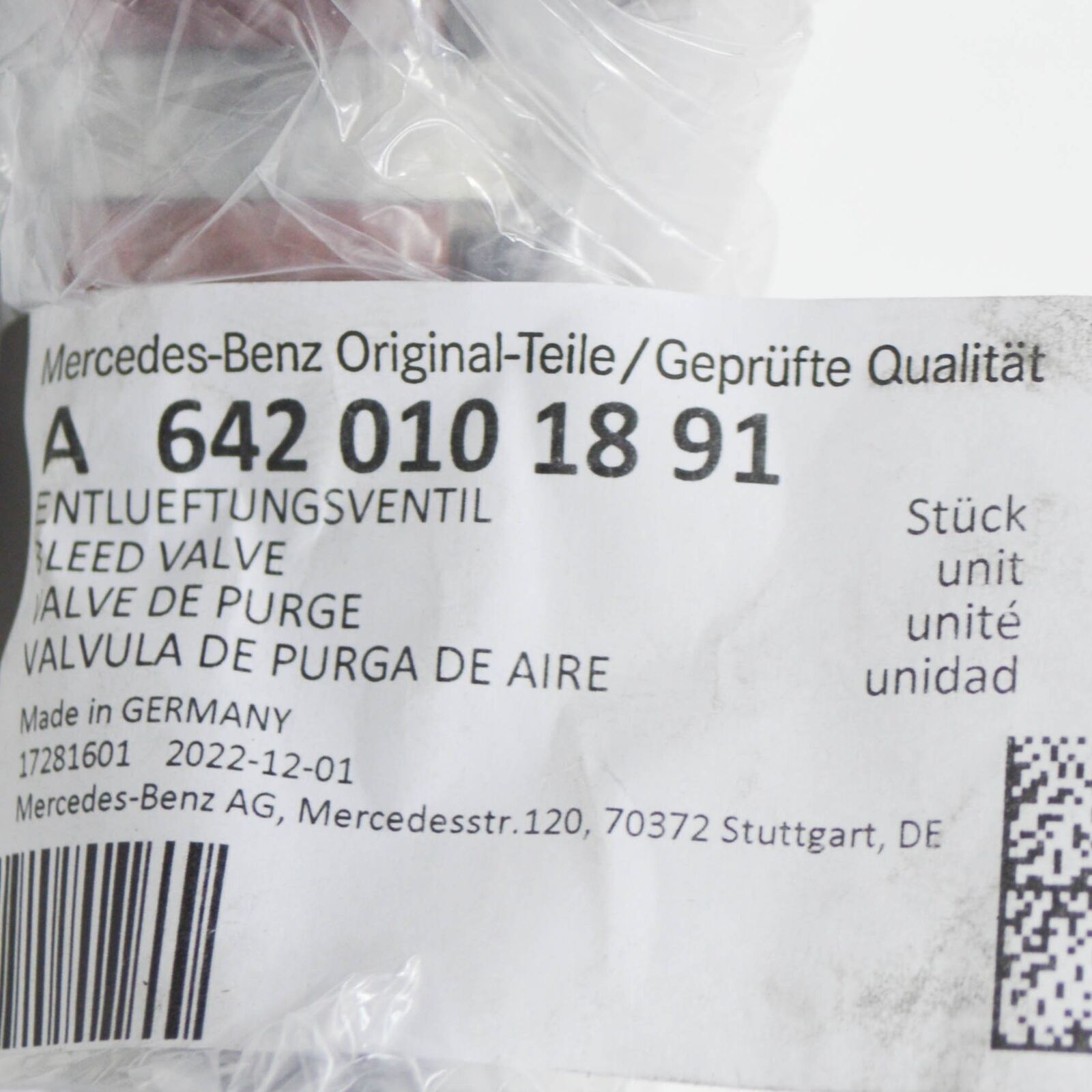 NEW MERCEDES-BENZ S-CLASS W221 BLEEDER VALVE A6420101891 3.0 CDI 2008 ORIGINAL