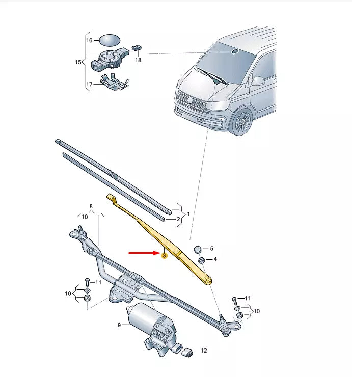 NEW VW TRANSPORTER T6 FRONT AERO WIPER ARM RHD 7E2955409D ORIGINAL