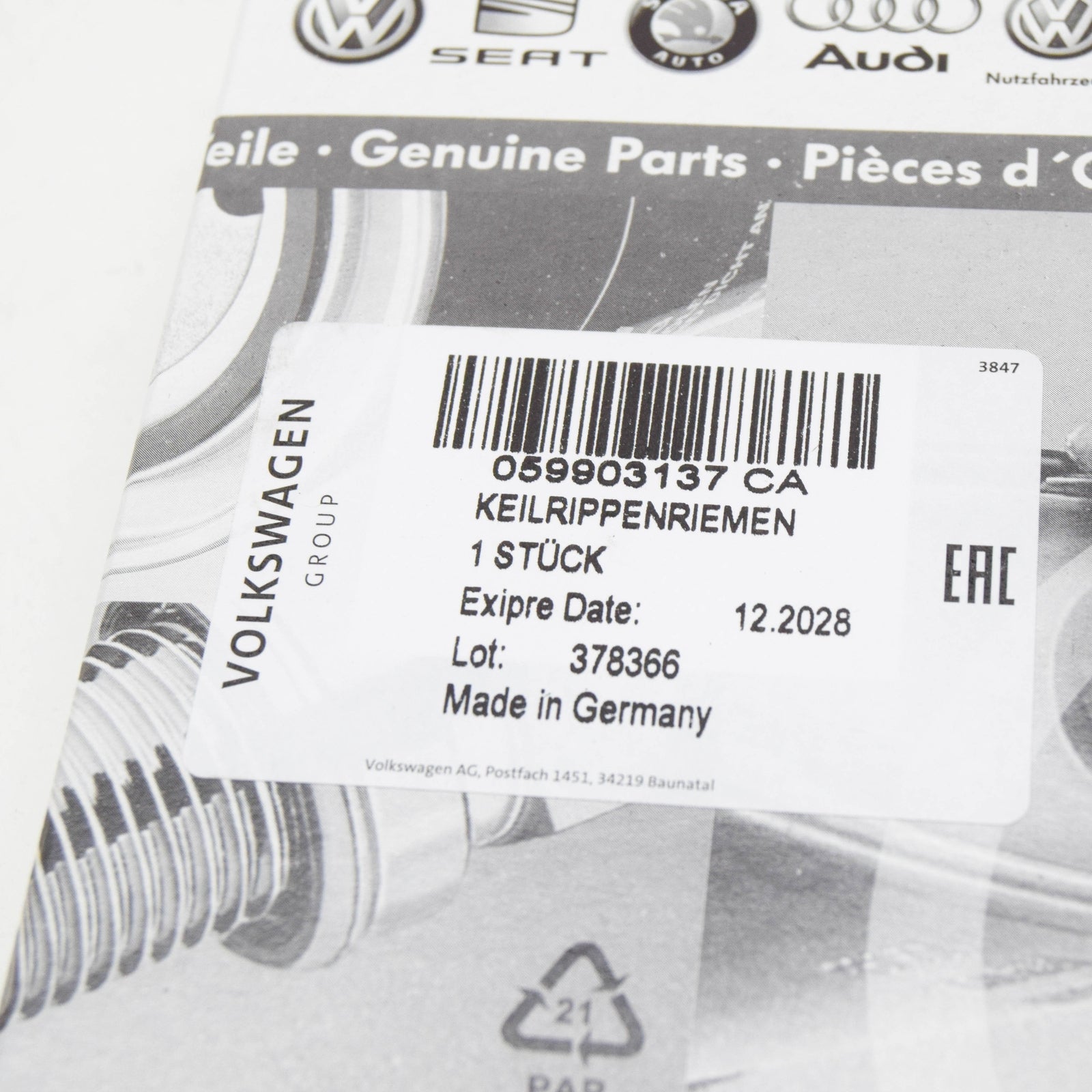 NEW AUDI A4 B9 ENGINE V-RIBBED BELT 059903137CA ORIGINAL