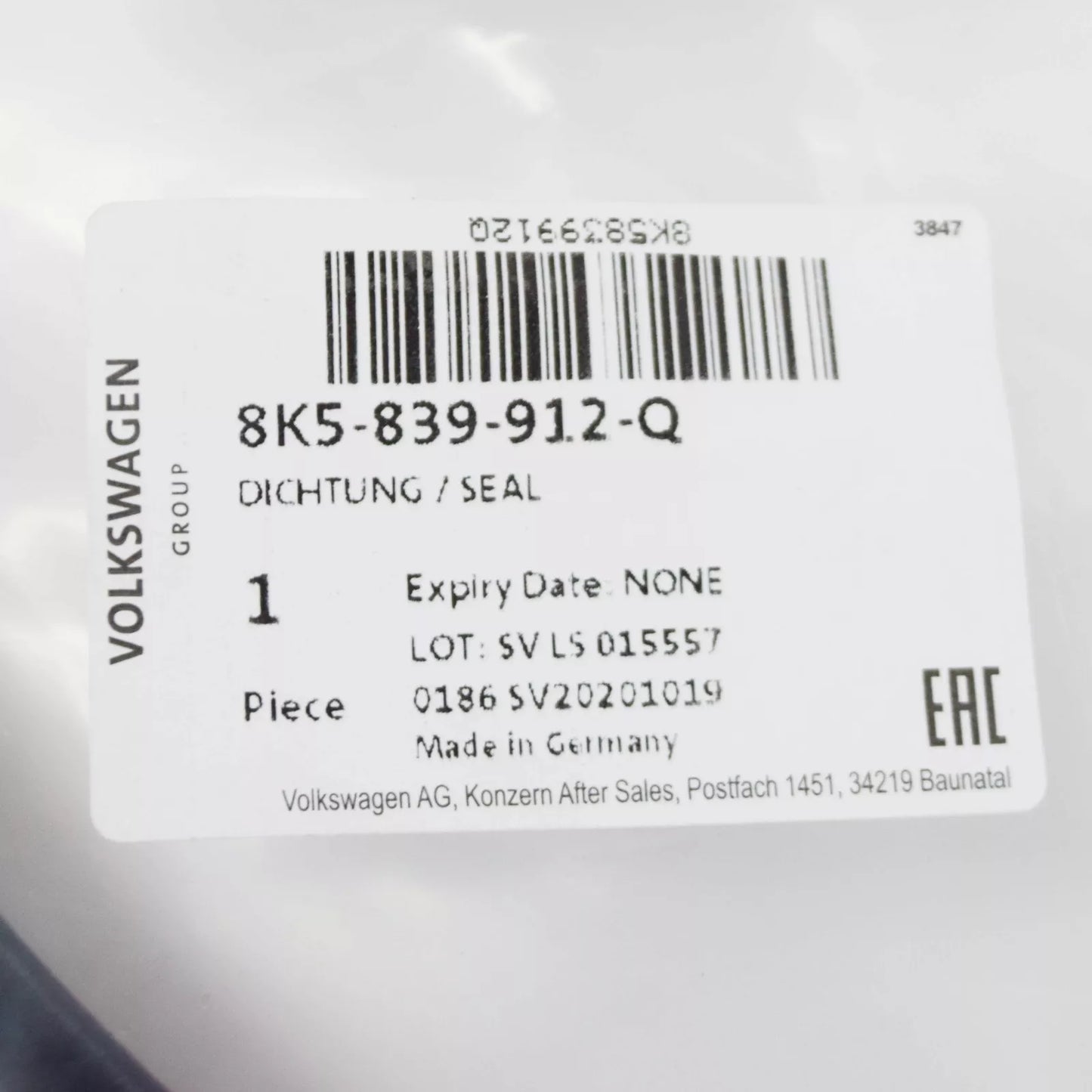 NEW AUDI A4 B8 REAR RIGHT OUTER DOOR SEAL 8K5839912Q