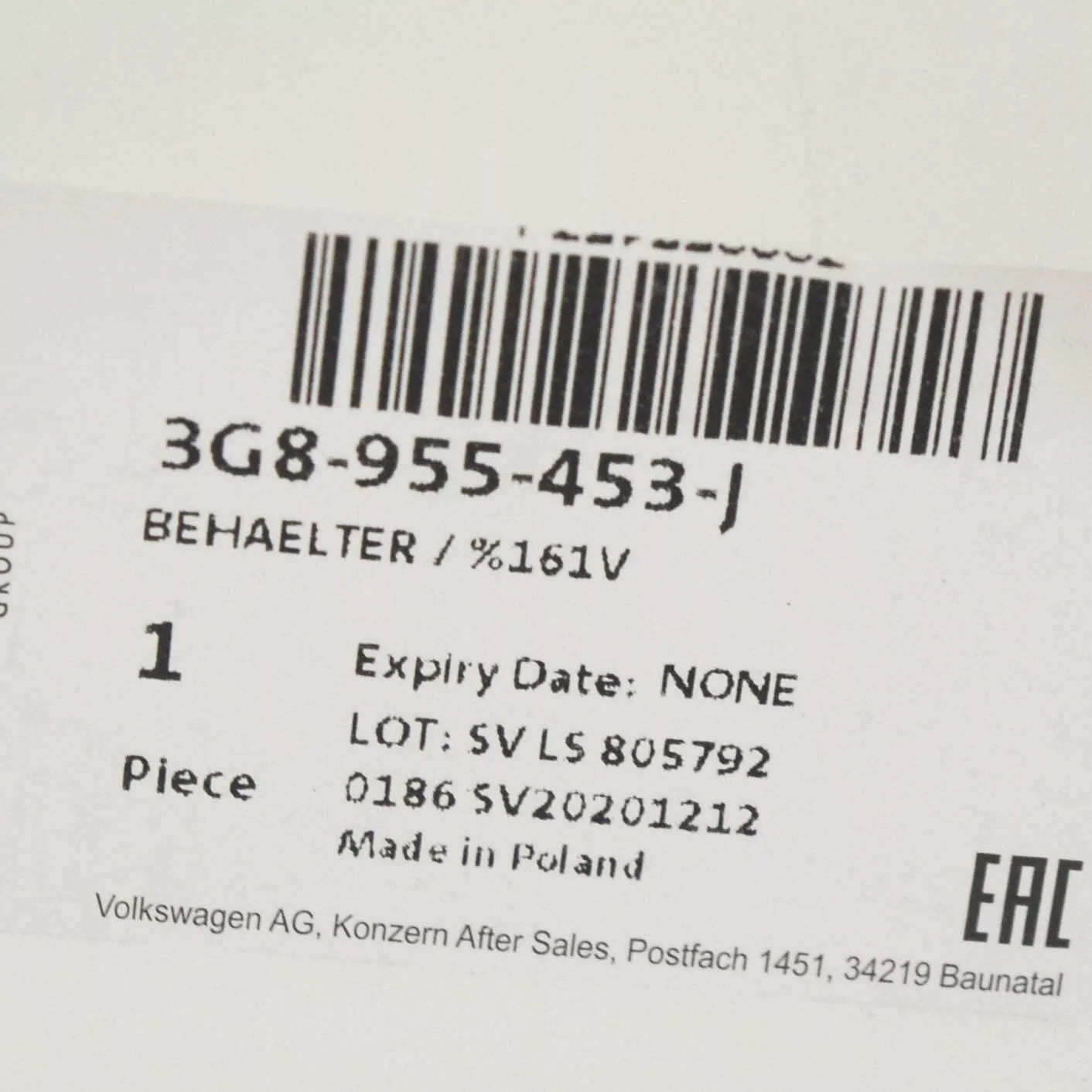 NEW VOLKSWAGEN ARTEON 3H7 WINDSHIELD WASHER RESERVOIR TANK 3G8955453J ORIGINAL