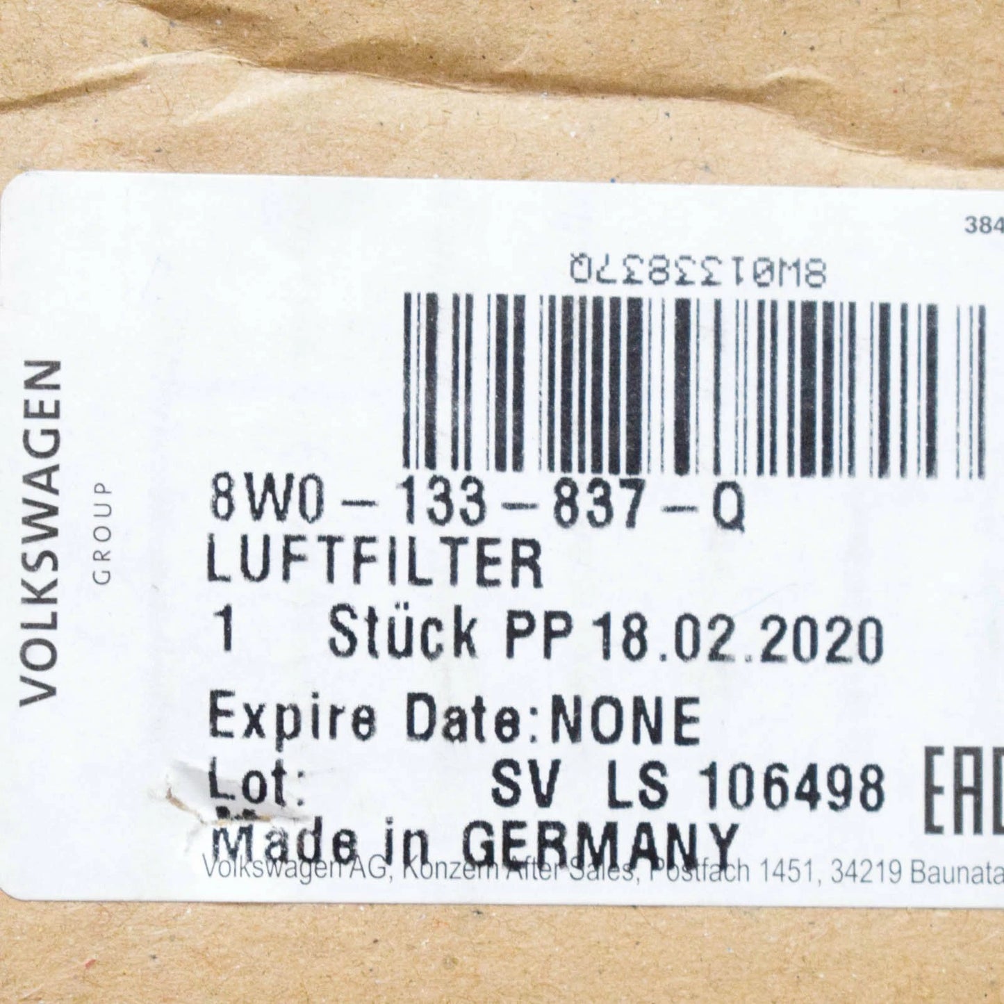 NEW AUDI A4 B9 AIR FILTER BOX ASSEMBLY 8W0133837Q ORIGINAL