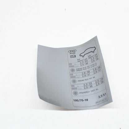NEW AUDI Q5 8R TYRE PRESSURE DATA PLATE 8R0010502CA ORIGINAL