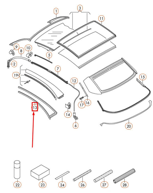 NEW VOLKSWAGEN EOS LEFT ROOF BRACE SEAL 1Q0871357G ORIGINAL